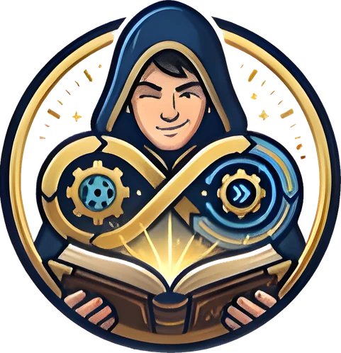 The Cronomicon emblem: a hooded figure reading a glowing book, framed by gears and an infinity loop
