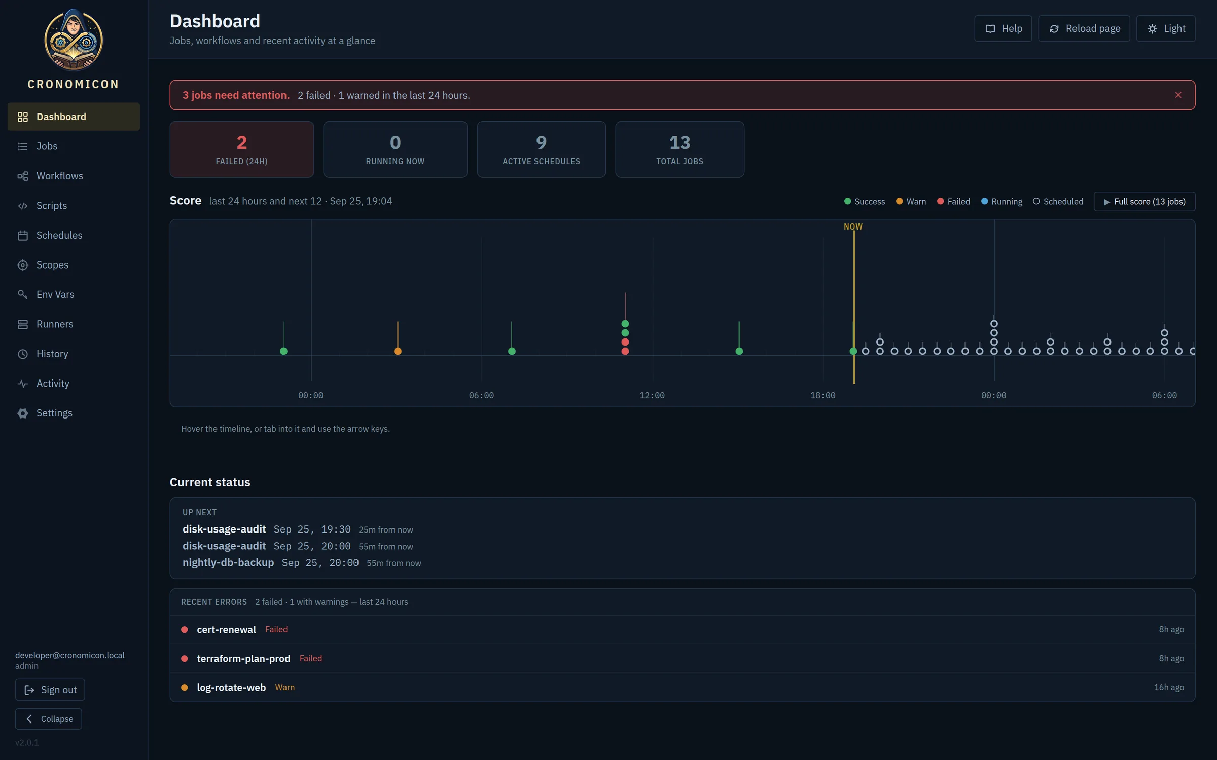 Cronomicon Dashboard in dark mode: an attention banner reporting 3 jobs, stat tiles, and the Score timeline with past runs and upcoming fires
