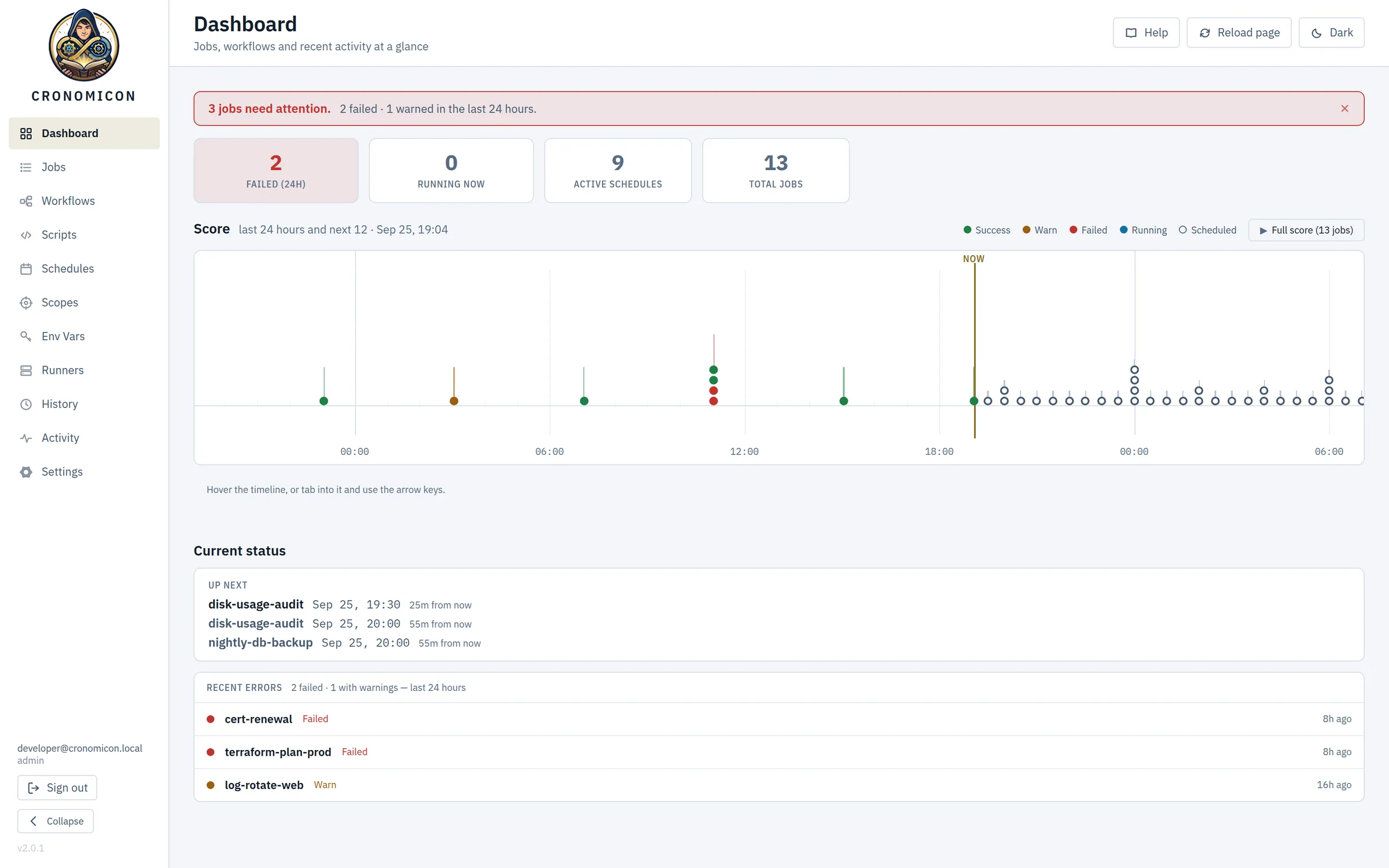 Cronomicon Dashboard in light mode: an attention banner reporting 3 jobs, stat tiles, and the Score timeline with past runs and upcoming fires