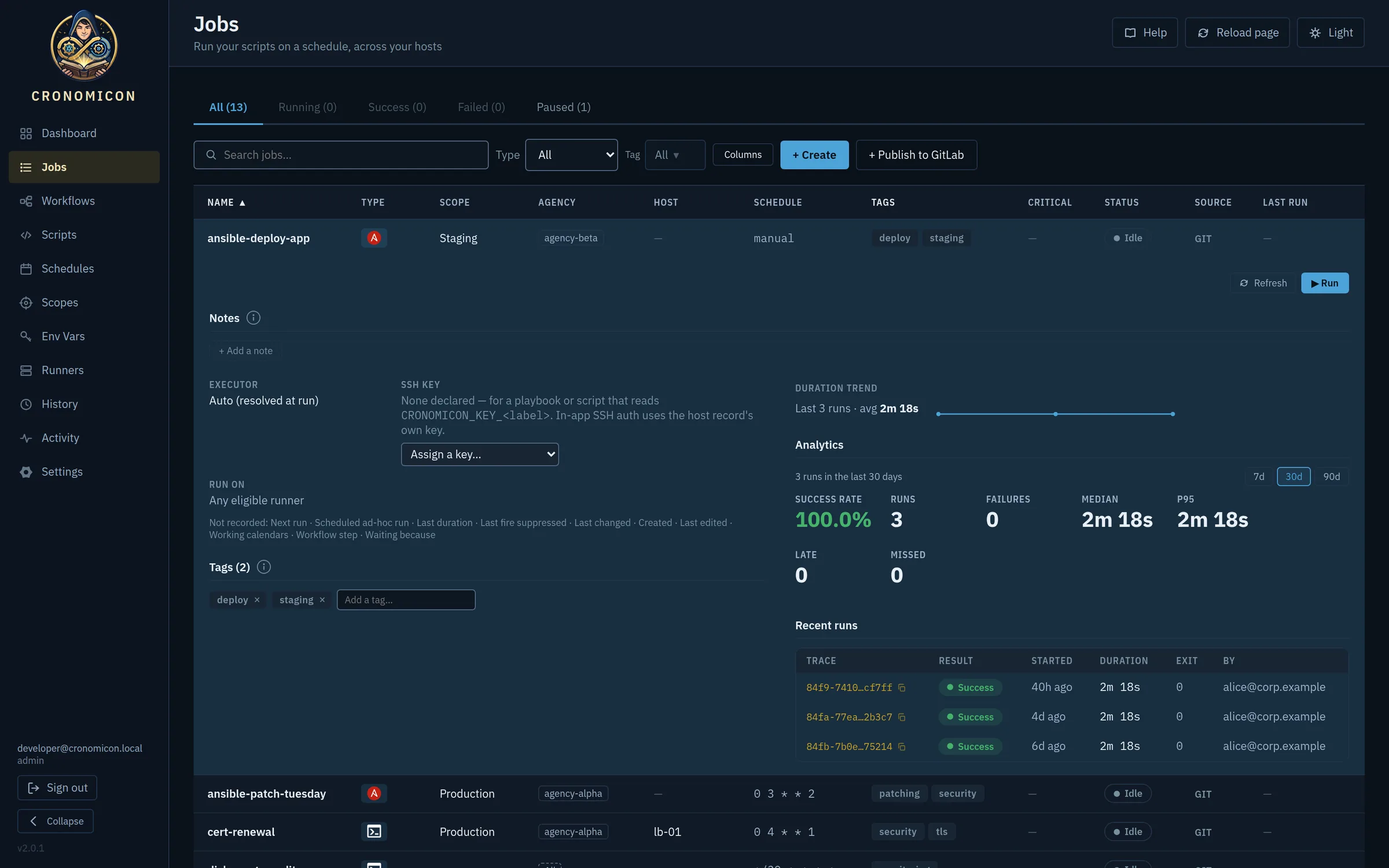 An expanded job in dark mode showing executor, SSH key, duration trend, success rate, median and p95 duration, and recent runs
