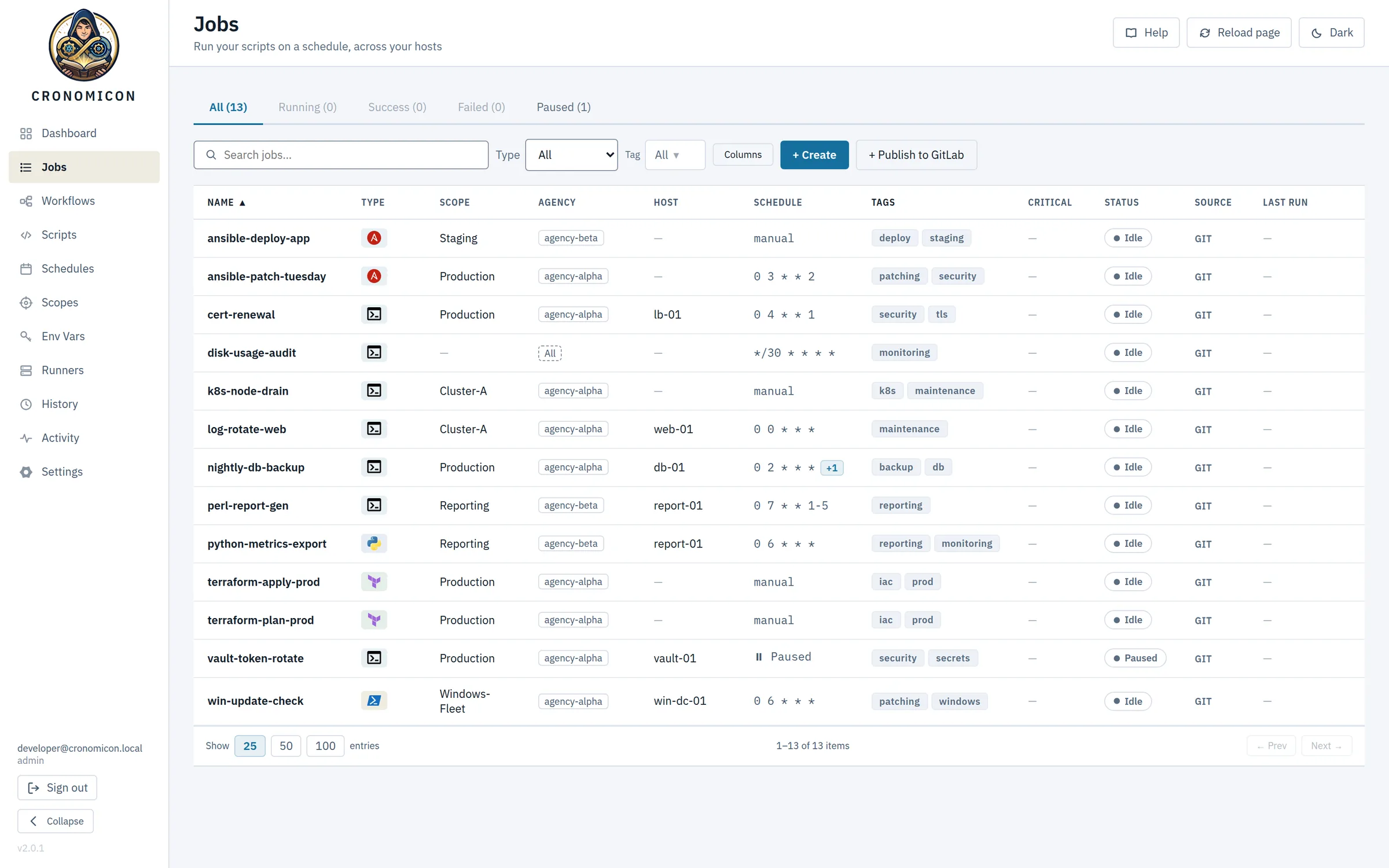 Jobs catalog in light mode listing thirteen jobs with type, scope, agency, host, cron schedule, tags, status and source