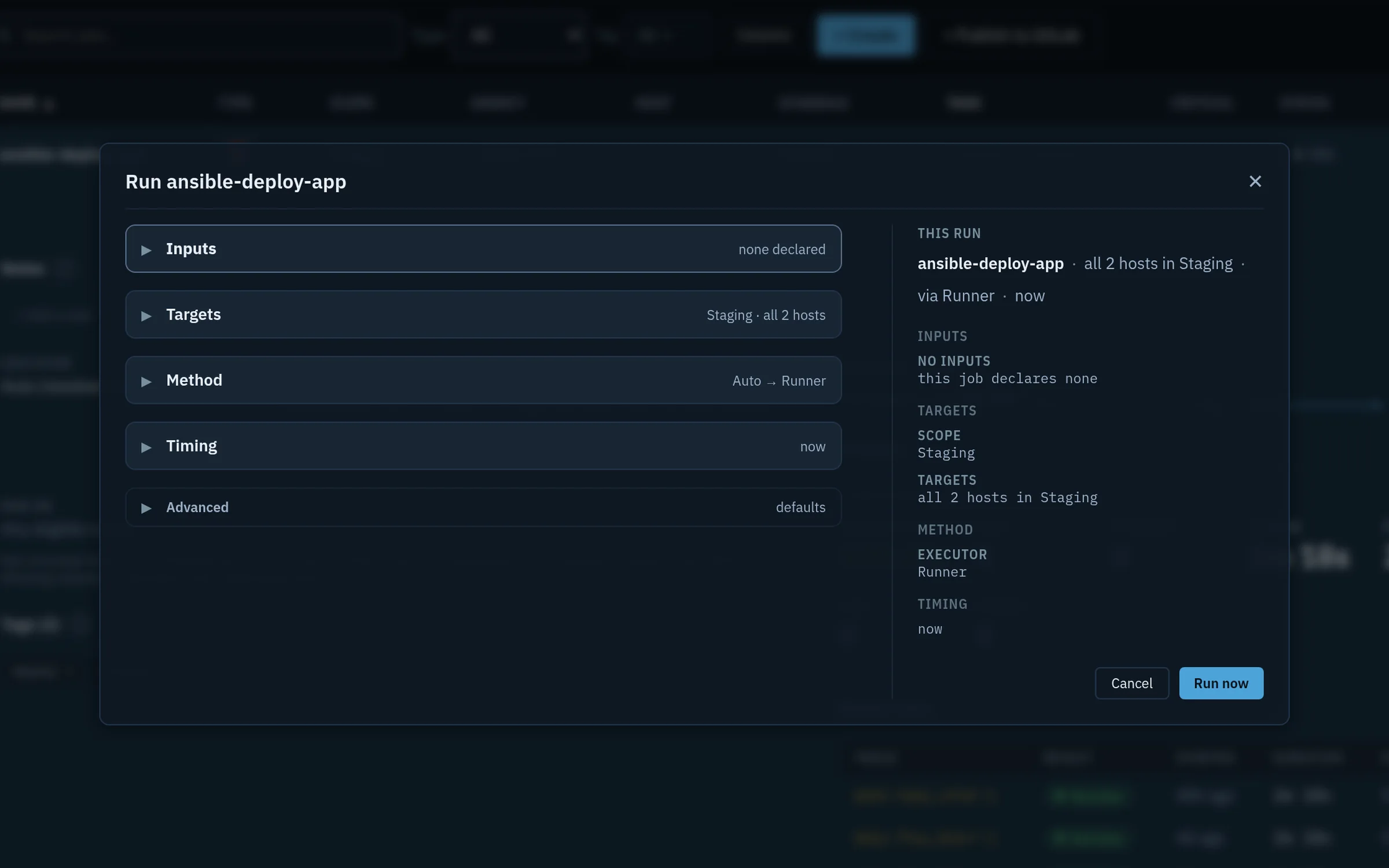 The Run dialog in dark mode with Inputs, Targets, Method, Timing and Advanced sections and a This run summary rail