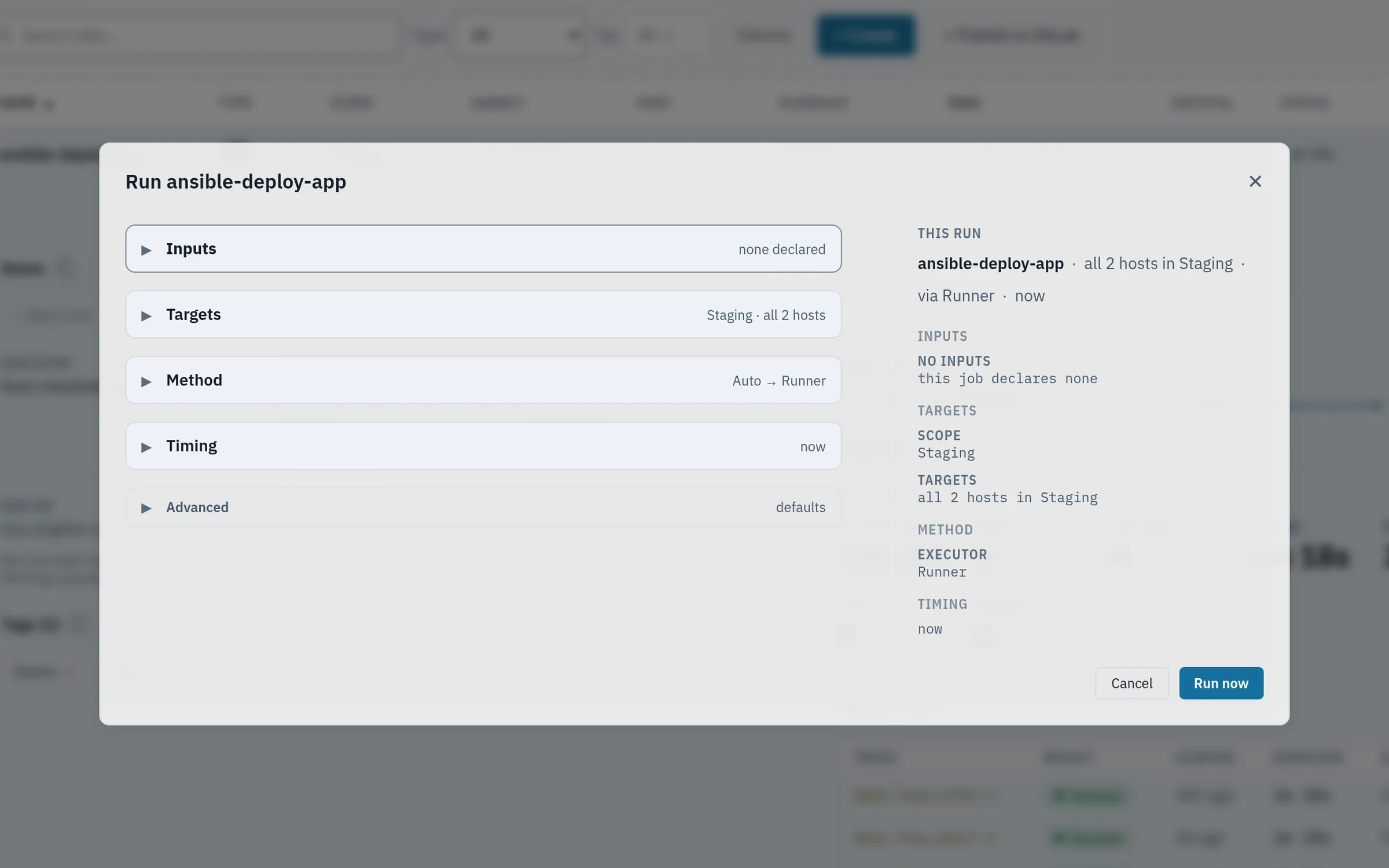 The Run dialog in light mode with Inputs, Targets, Method, Timing and Advanced sections and a This run summary rail