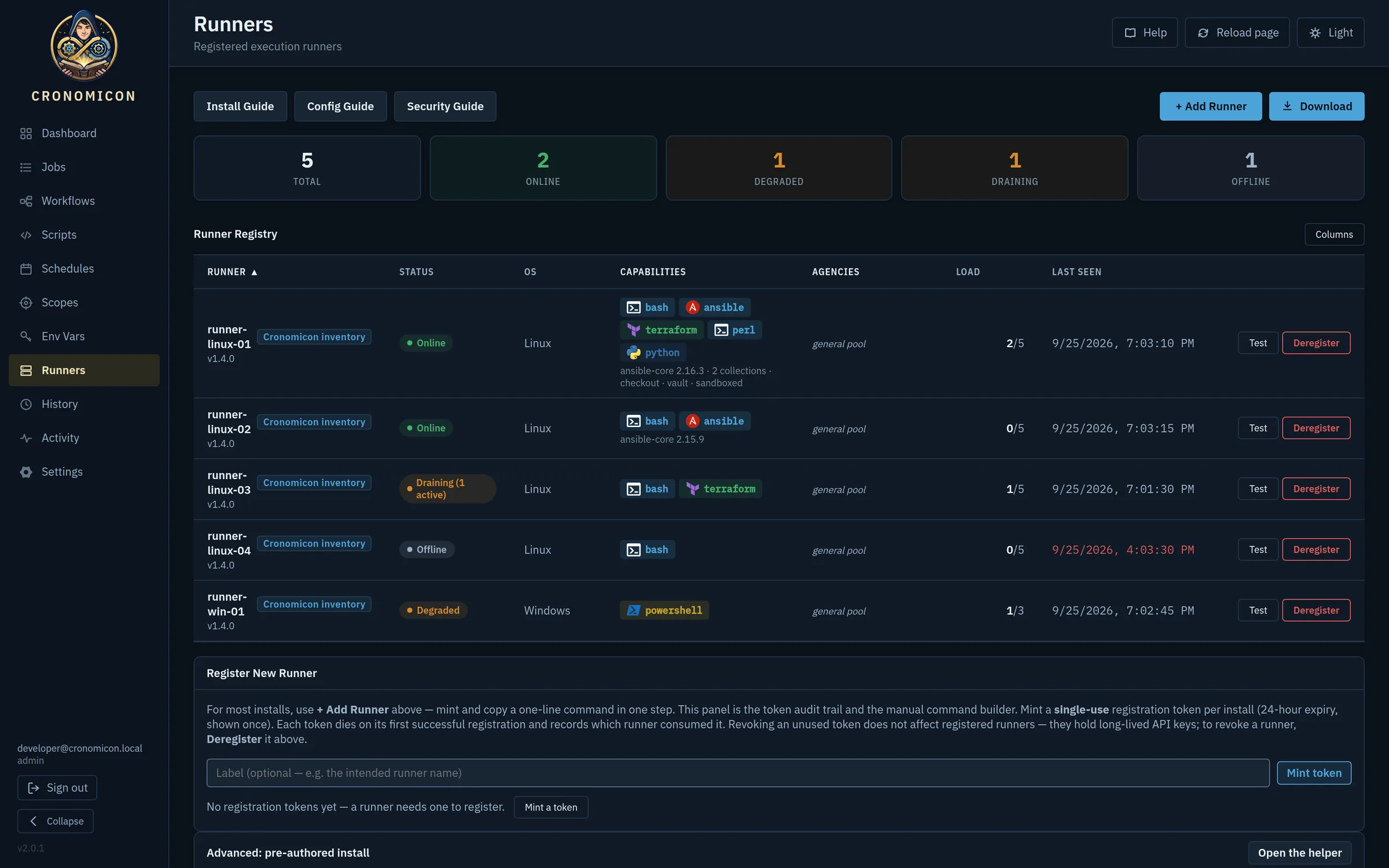 Runners view in dark mode: five runners with status, operating system, capability chips, agencies, load and last-seen time