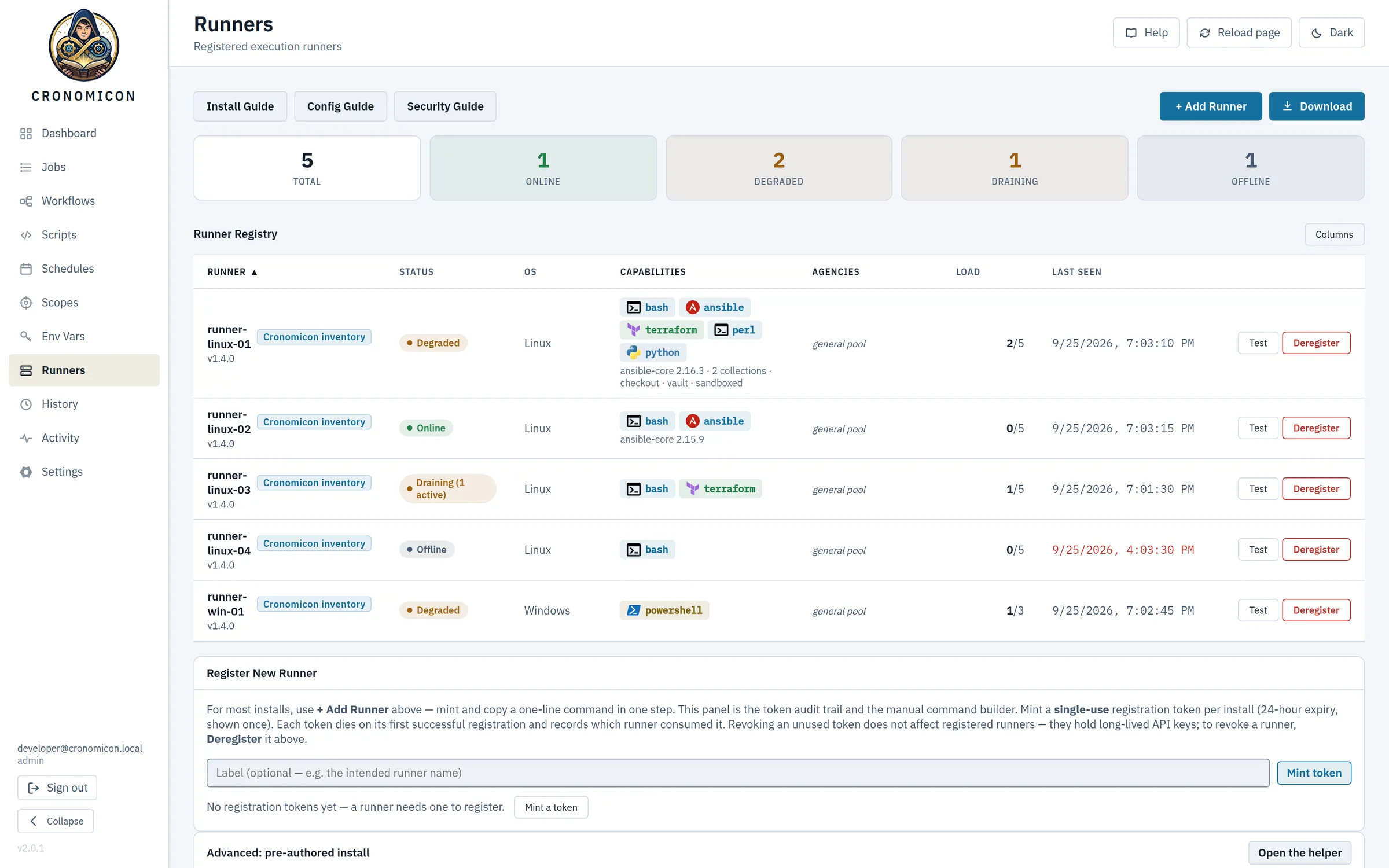 Runners view in light mode: five runners with status, operating system, capability chips, agencies, load and last-seen time
