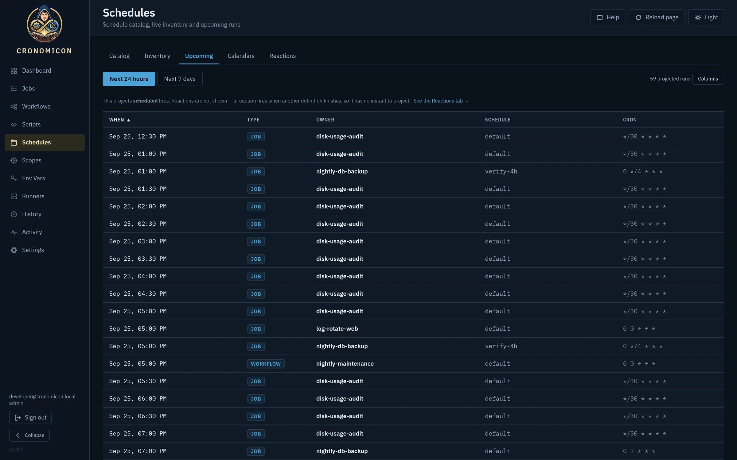 Schedules view in dark mode on the Upcoming tab, listing projected fires for the next 24 hours with owner, schedule and cron