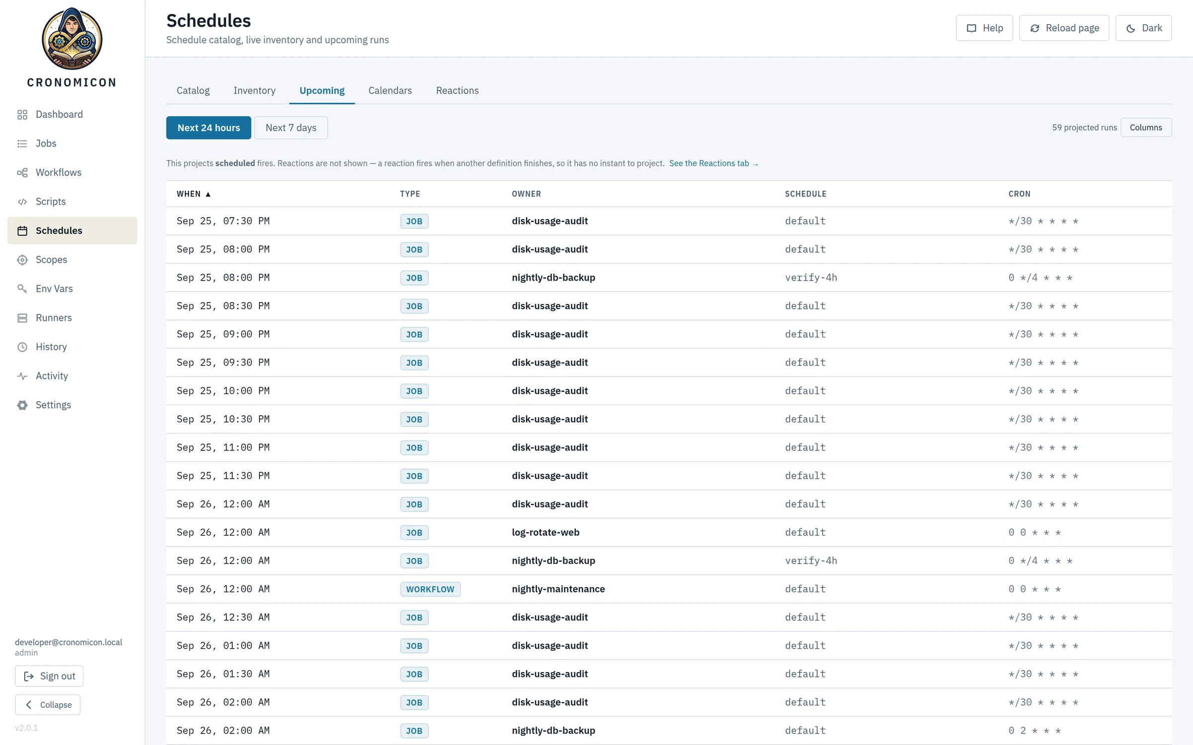 Schedules view in light mode on the Upcoming tab, listing projected fires for the next 24 hours with owner, schedule and cron