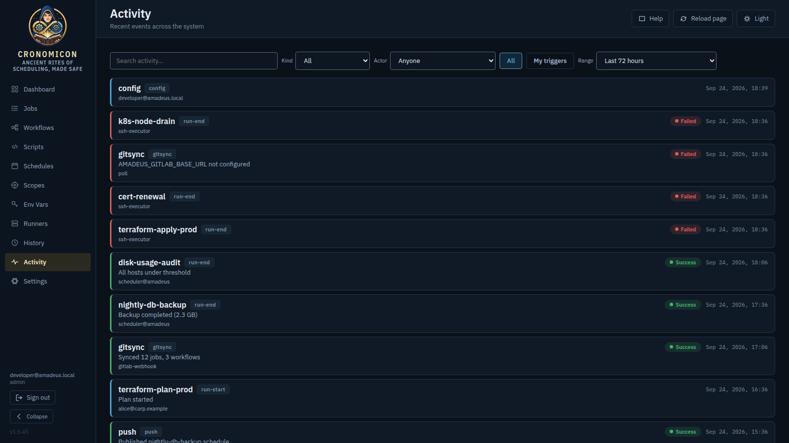 The Activity feed: reverse-chronological event cards tagged run-start, run-end and gitsync, color-coded on the left border, with a collapsed repeat showing a multiplier count and time range