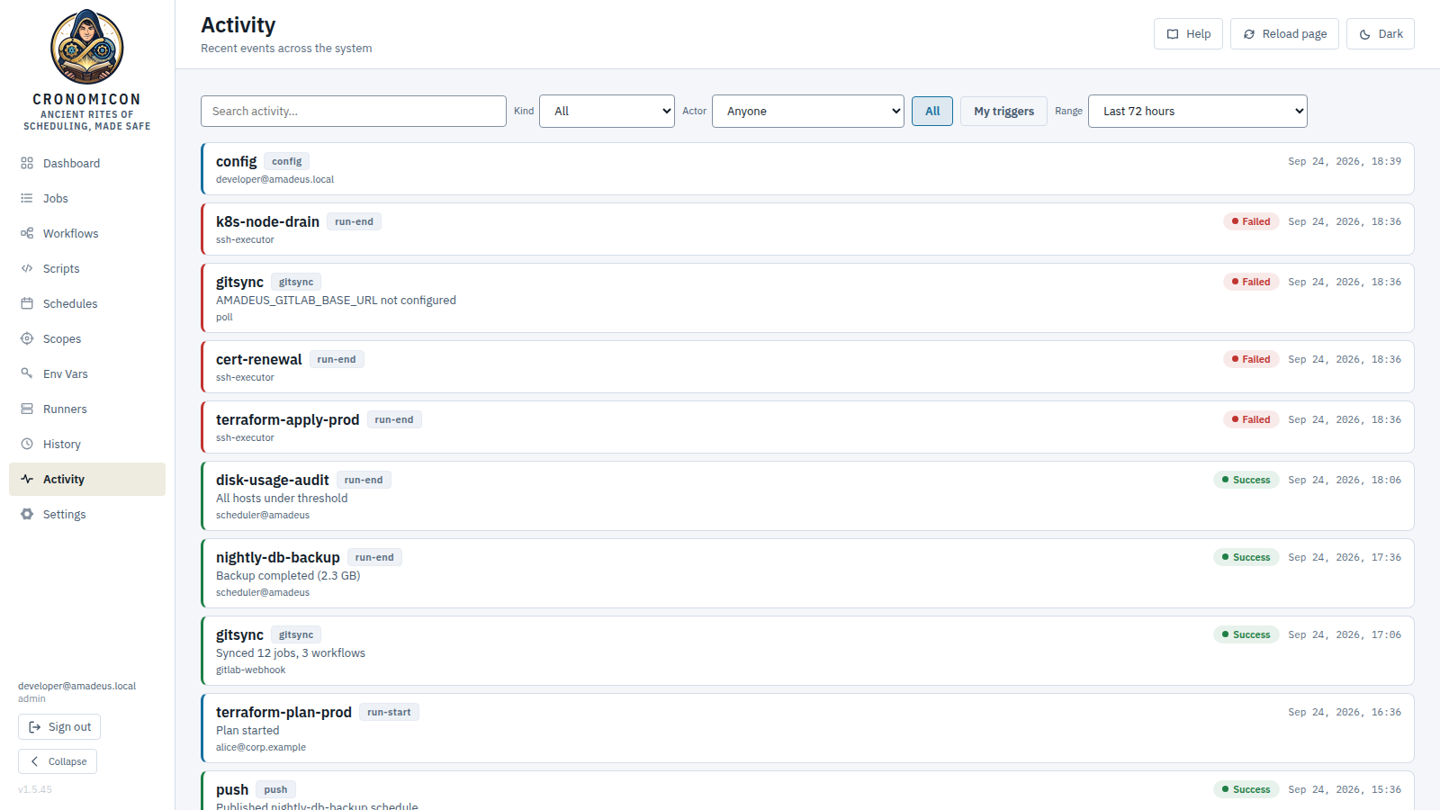 The Activity feed: reverse-chronological event cards tagged run-start, run-end and gitsync, color-coded on the left border, with a collapsed repeat showing a multiplier count and time range
