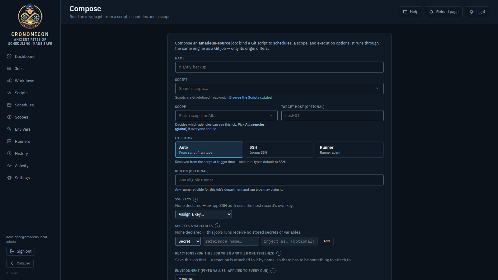 The Job Composer form: name, script picker, scope and optional target host, executor, fixed environment rows, run inputs, and the shared-schedule checkboxes