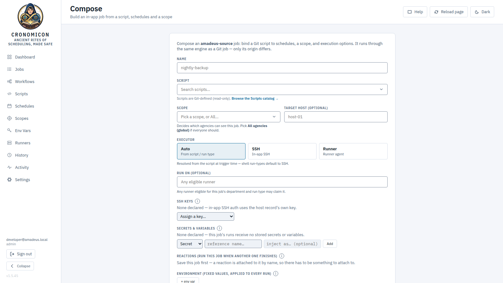 The Job Composer form: name, script picker, scope and optional target host, executor, fixed environment rows, run inputs, and the shared-schedule checkboxes