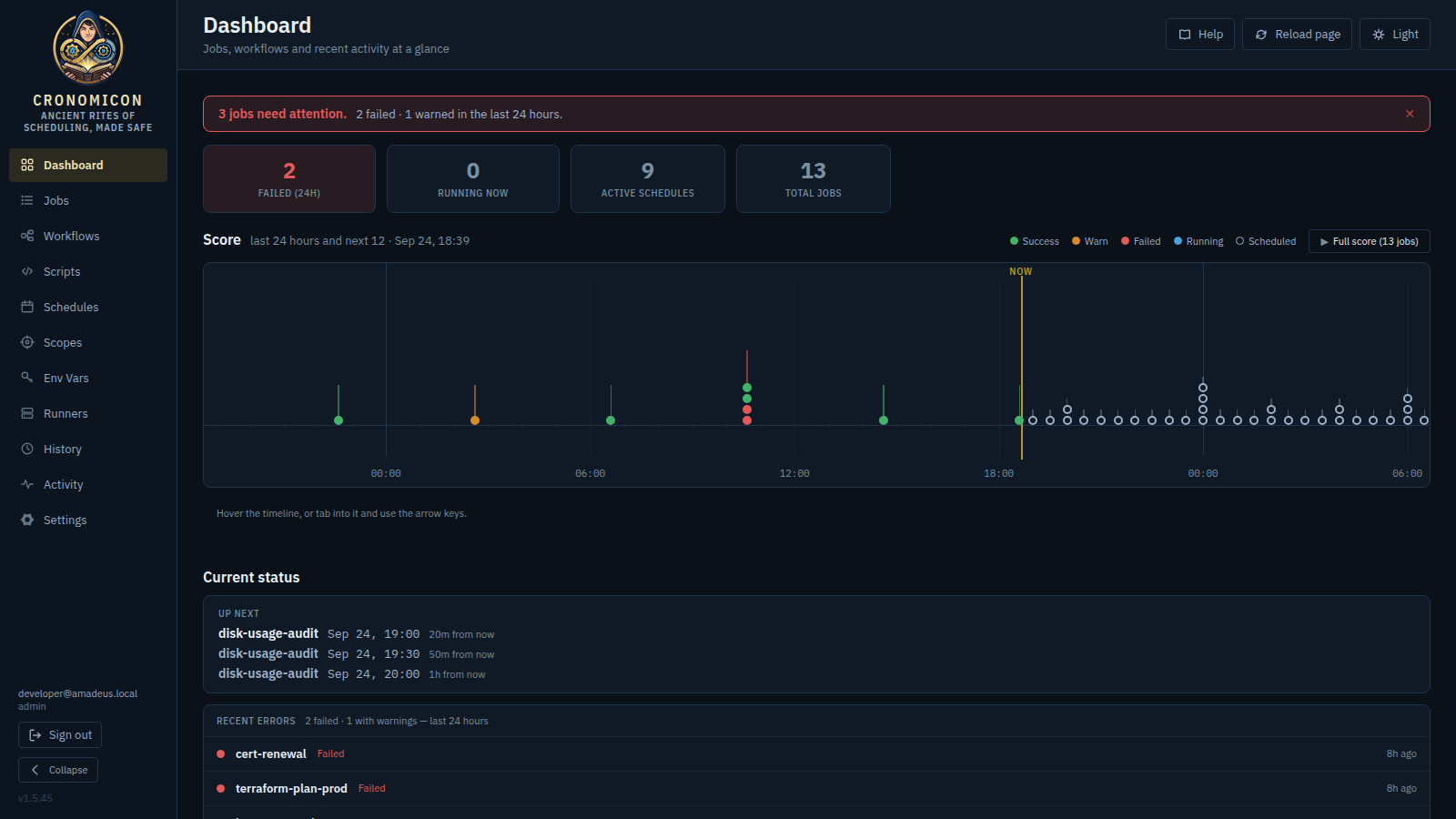 The Dashboard: the verdict strip at the top in its attention state — 3 jobs need attention — four stat tiles, the Score timeline with its gold playhead and two failed marks, and Current status naming the next three fires and the recent errors