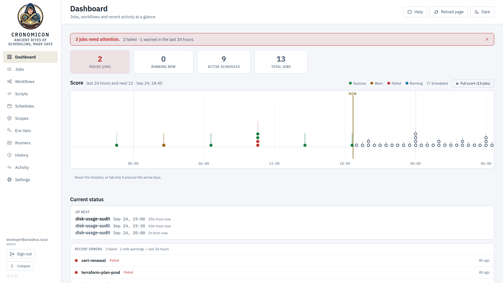 The Dashboard: the verdict strip at the top in its attention state — 3 jobs need attention — four stat tiles, the Score timeline with its gold playhead and two failed marks, and Current status naming the next three fires and the recent errors