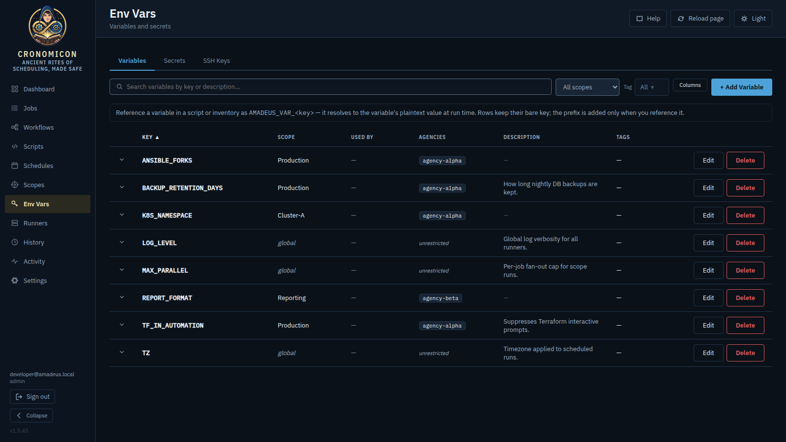 The Env Vars view on the Variables tab: keys with scope, Used-by and description columns, the CRONOMICON_VAR_ reference hint banner, a scope filter beside the search box, and the Secrets and SSH Keys tabs