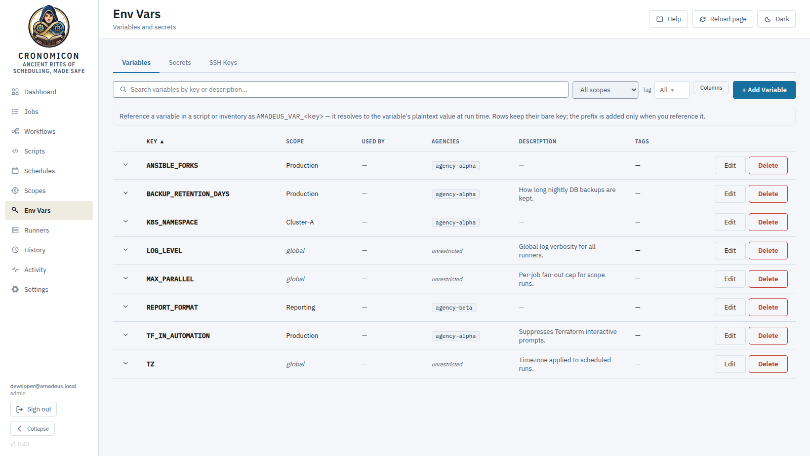 The Env Vars view on the Variables tab: keys with scope, Used-by and description columns, the CRONOMICON_VAR_ reference hint banner, a scope filter beside the search box, and the Secrets and SSH Keys tabs