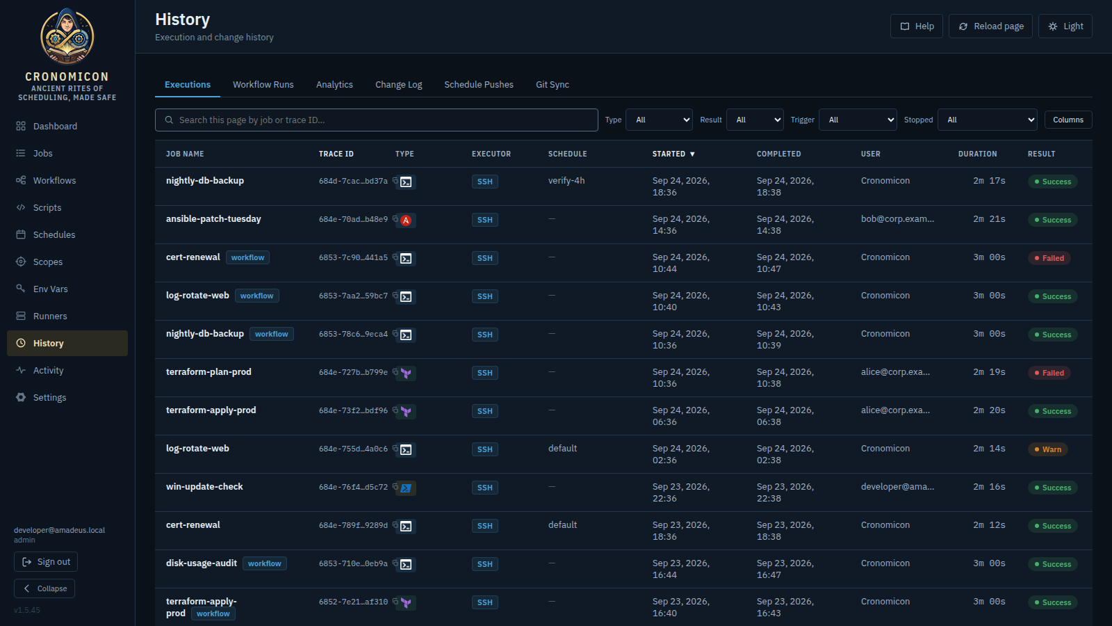 History on the Executions tab: per-run rows with job name, trace ID, type, executor, schedule, start and completion times, duration and result pills, with the other four tabs across the top