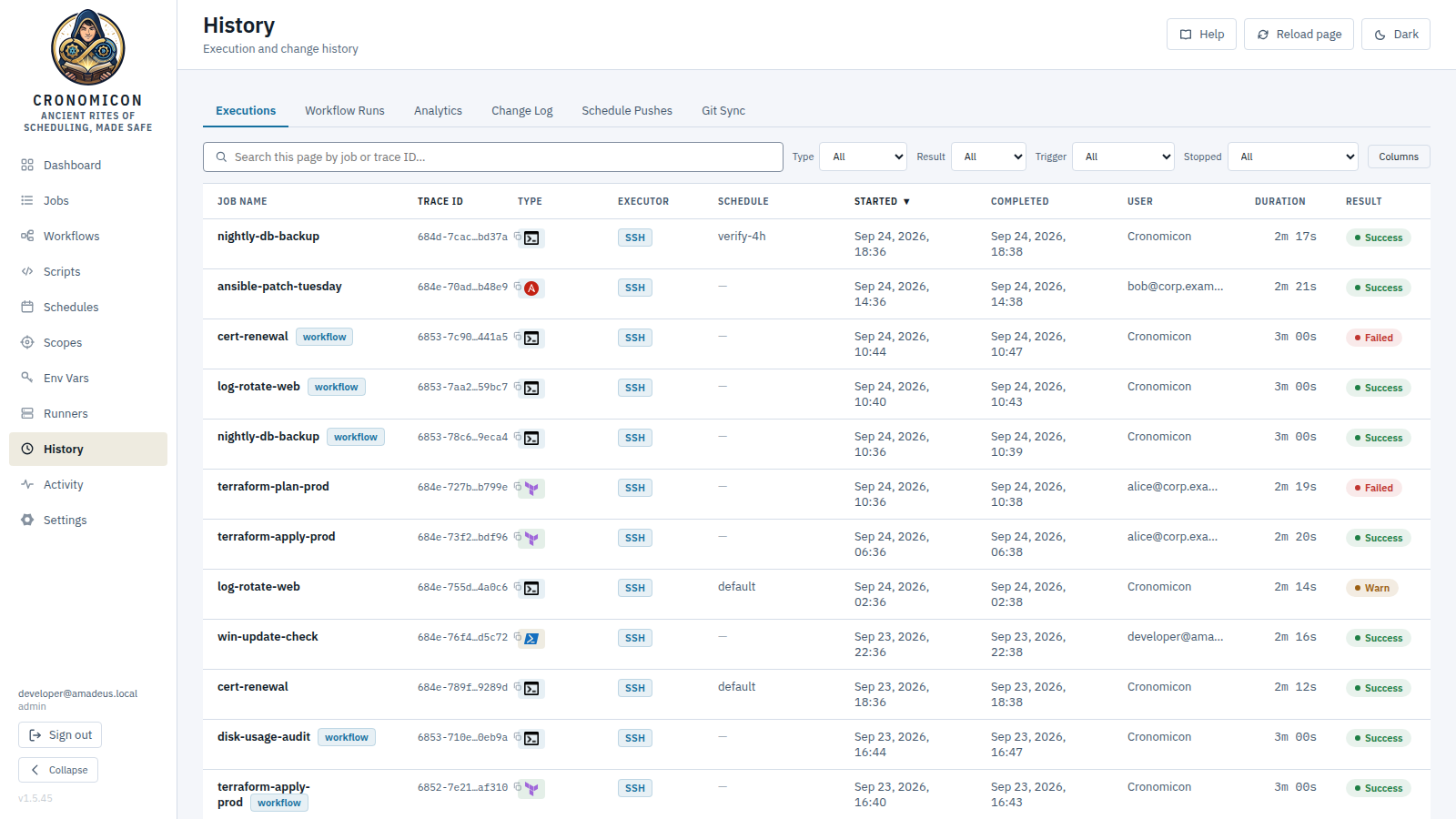 History on the Executions tab: per-run rows with job name, trace ID, type, executor, schedule, start and completion times, duration and result pills, with the other four tabs across the top