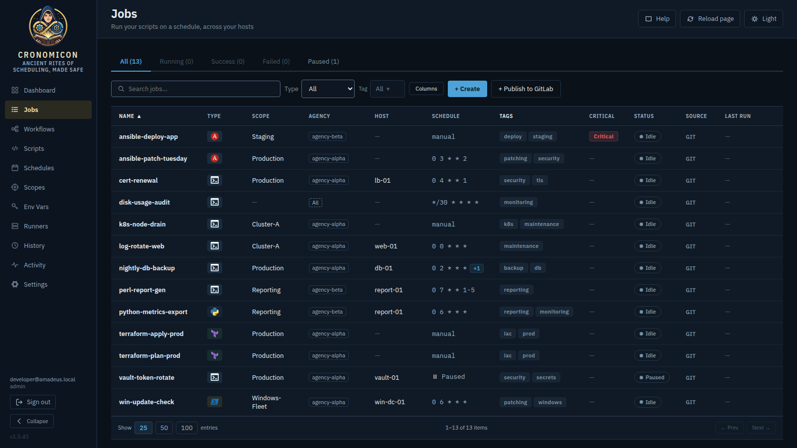 The Jobs view: status tabs with live counts (empty ones dimmed), search and Type/Tag filters, and the job table with run-type icons, scope, schedule, tags, status pills and quiet source labels