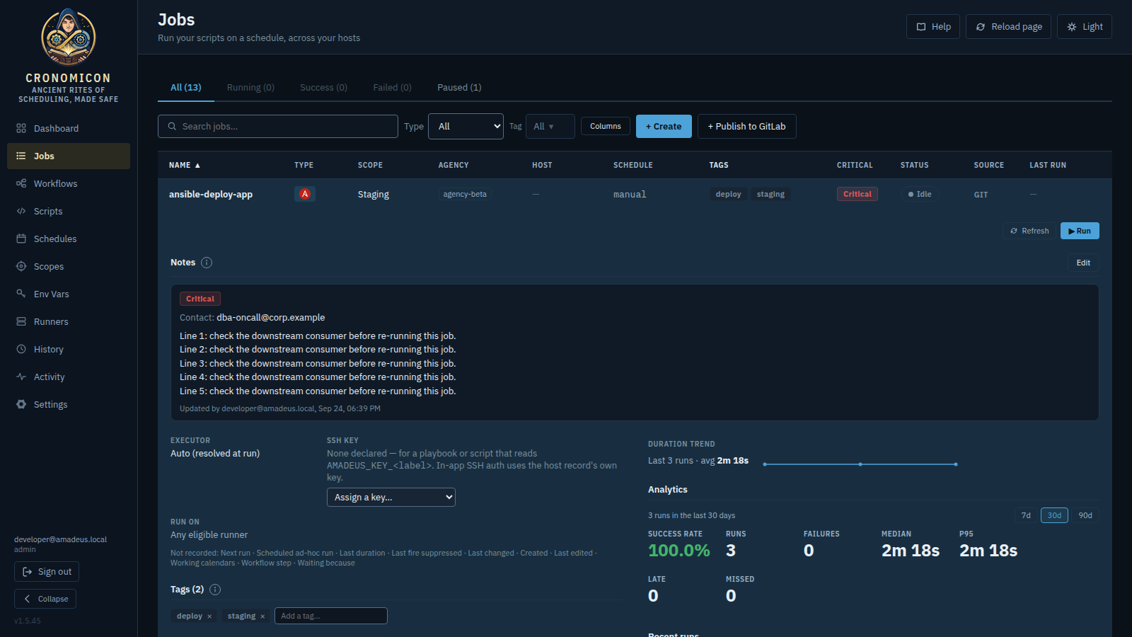 A job row expanded in place: configuration on the left (executor, SSH key, tags, secrets and variables), activity on the right (duration trend sparkline and the recent-runs table), with the Run button top right