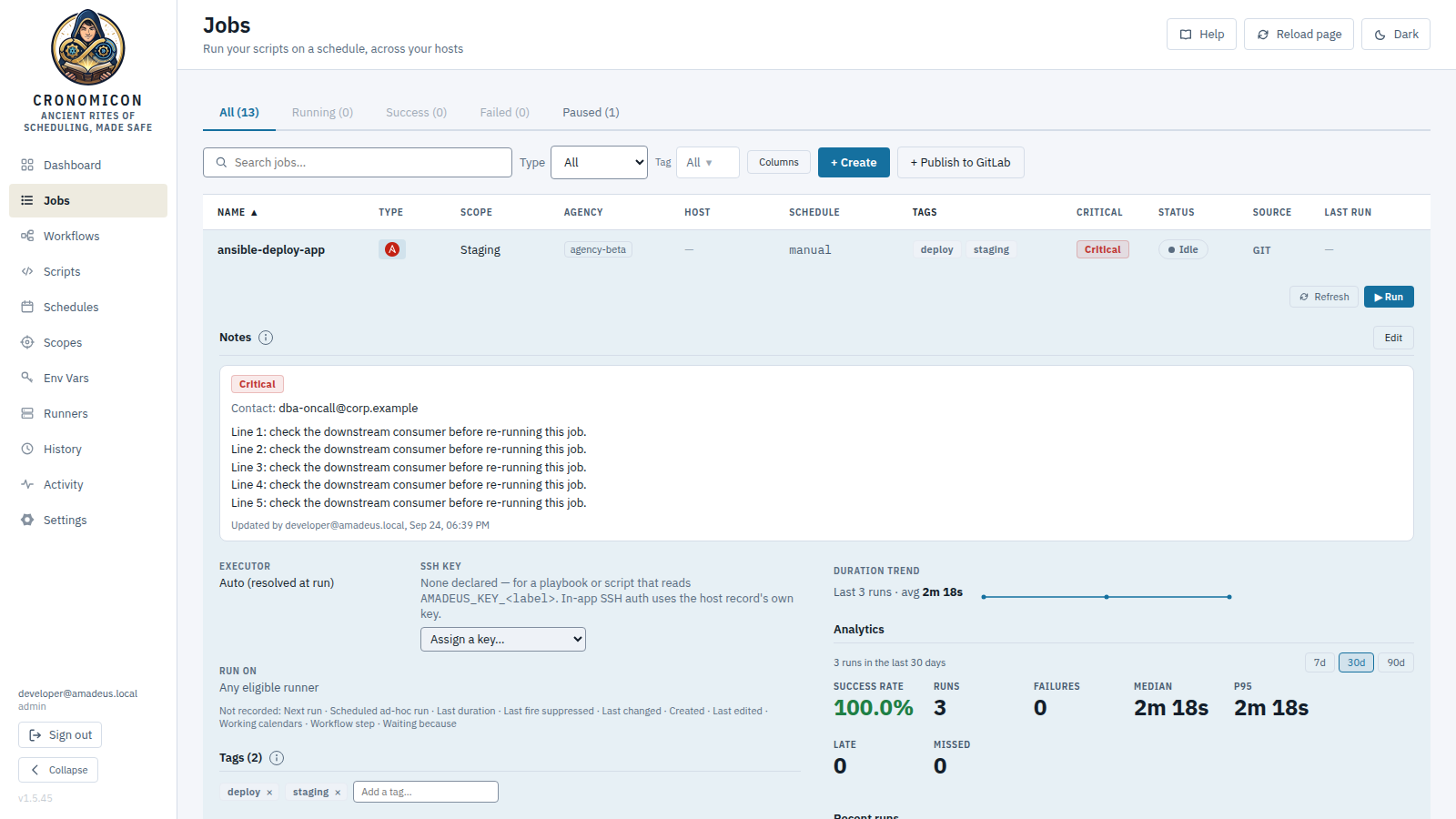 A job row expanded in place: configuration on the left (executor, SSH key, tags, secrets and variables), activity on the right (duration trend sparkline and the recent-runs table), with the Run button top right