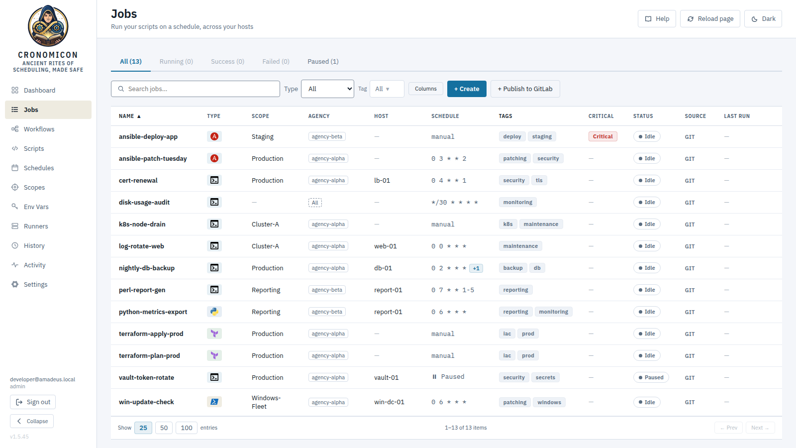 The Jobs view: status tabs with live counts (empty ones dimmed), search and Type/Tag filters, and the job table with run-type icons, scope, schedule, tags, status pills and quiet source labels