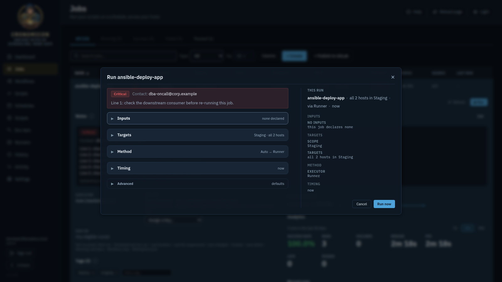 The Run dialog in its wide two-pane layout: the five collapsed sections on the left — Inputs (none declared), Targets, Method, Timing, Advanced — each with its summary, and the This run rail on the right stating ansible-deploy-app, all 2 hosts in Staging, via Runner, now
