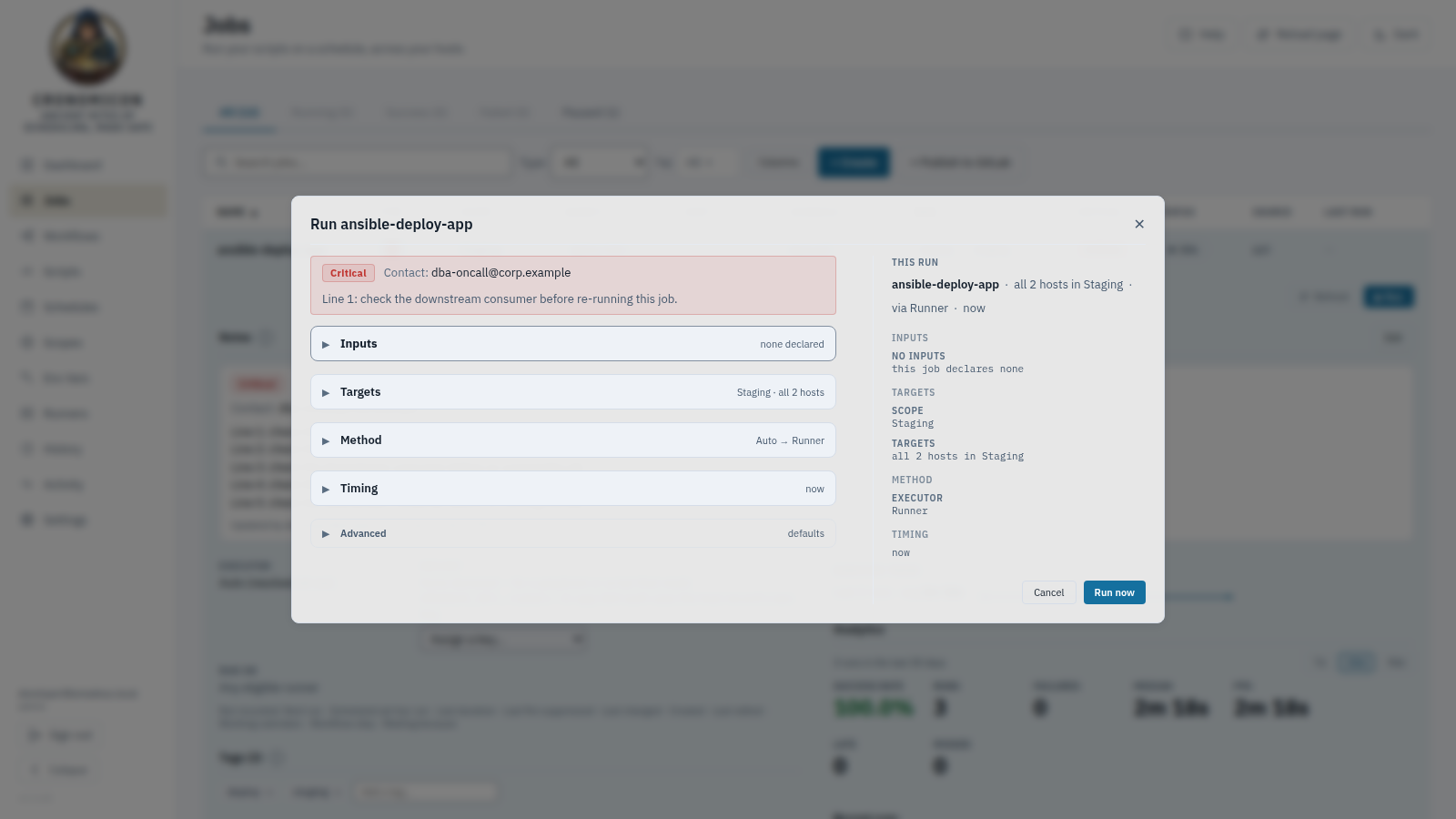 The Run dialog in its wide two-pane layout: the five collapsed sections on the left — Inputs (none declared), Targets, Method, Timing, Advanced — each with its summary, and the This run rail on the right stating ansible-deploy-app, all 2 hosts in Staging, via Runner, now