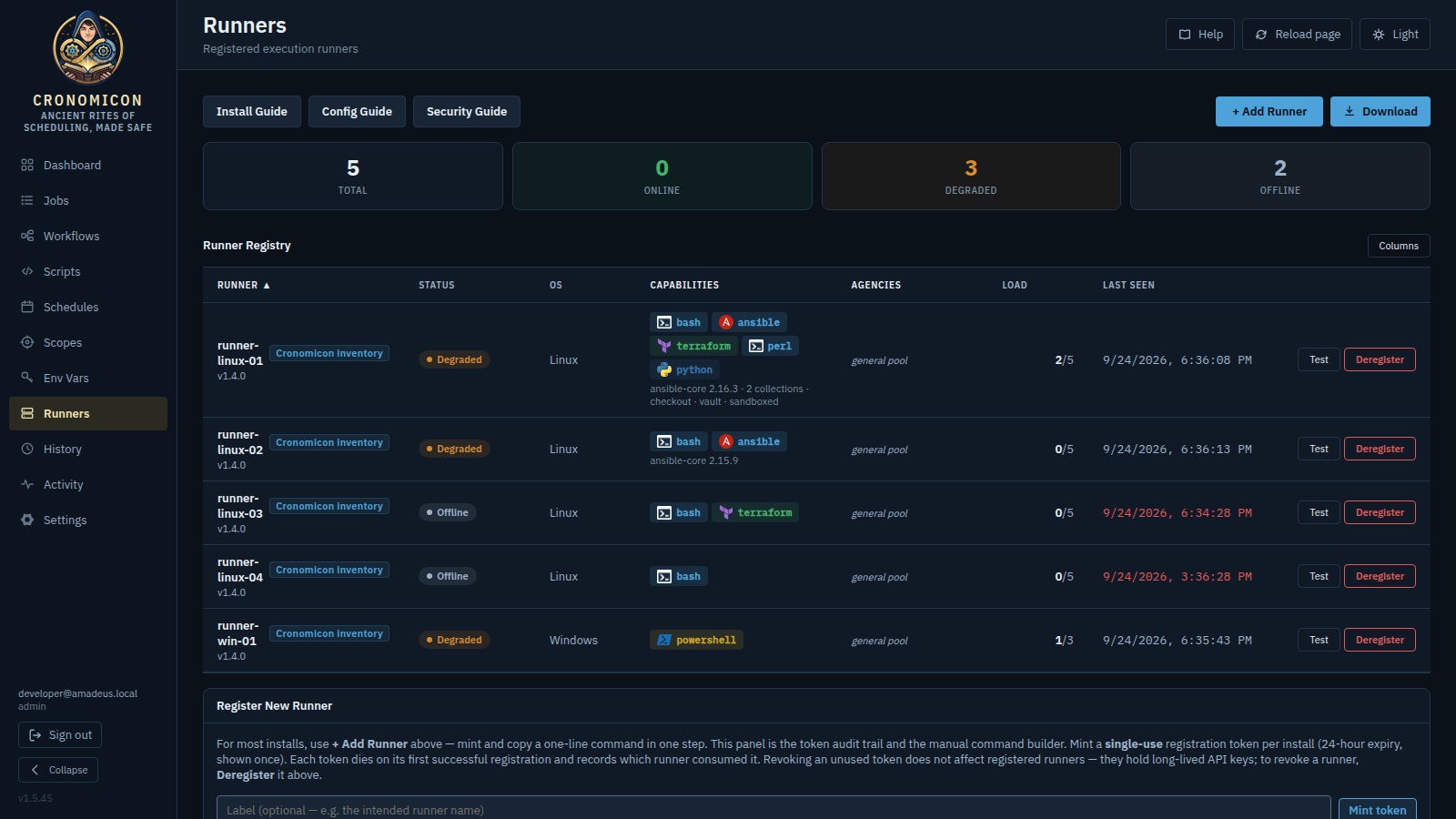 The Runners view: fleet status tiles, the guide buttons, the Runner Registry table with capability chips, load and last-seen per runner, and the Register New Runner panel below
