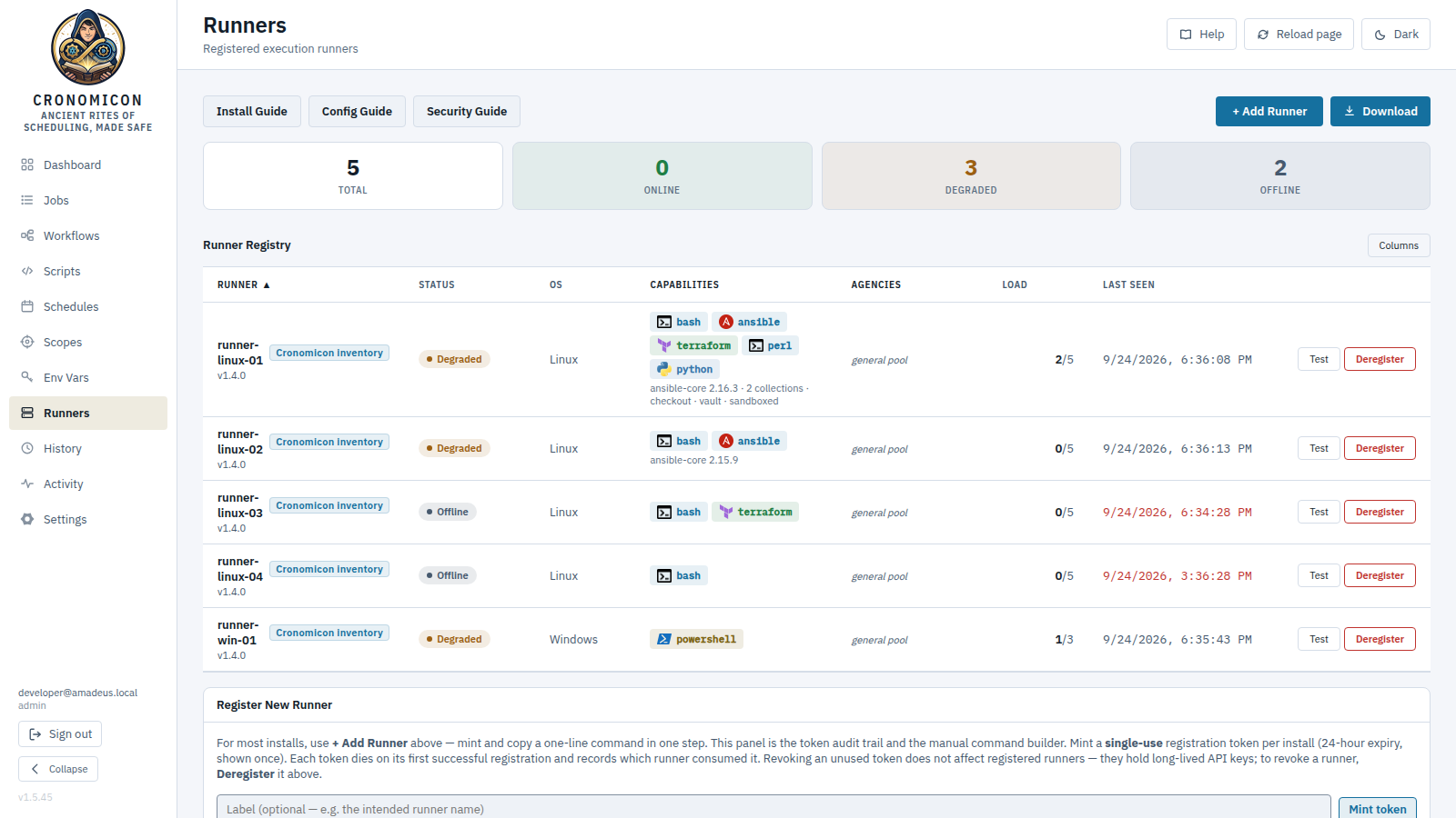 The Runners view: fleet status tiles, the guide buttons, the Runner Registry table with capability chips, load and last-seen per runner, and the Register New Runner panel below