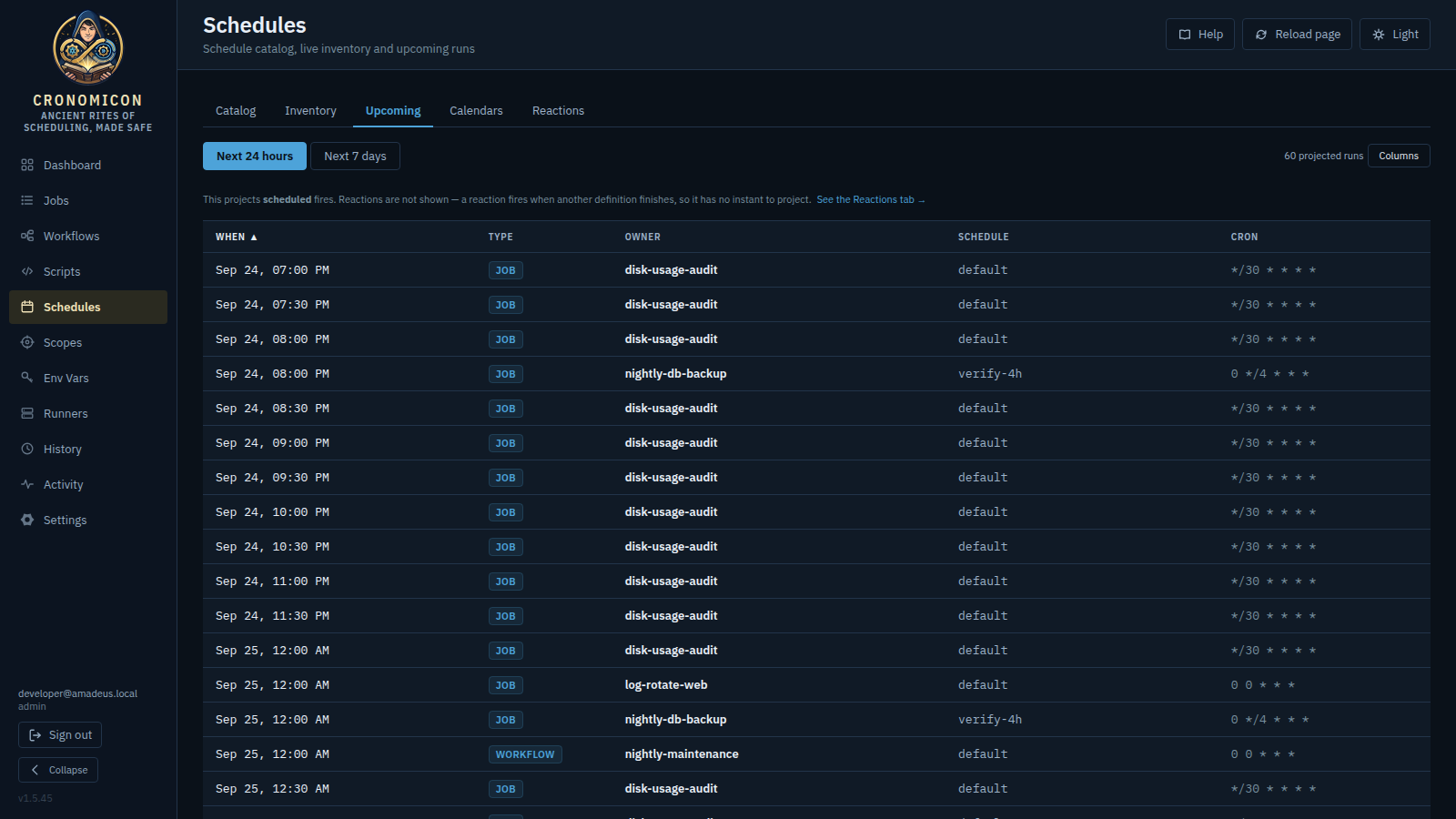 The Schedules view on the Catalog tab: two reusable schedule definitions with cron, source badge, Used-by count and per-row run projection, with the Inventory and Upcoming tabs alongside