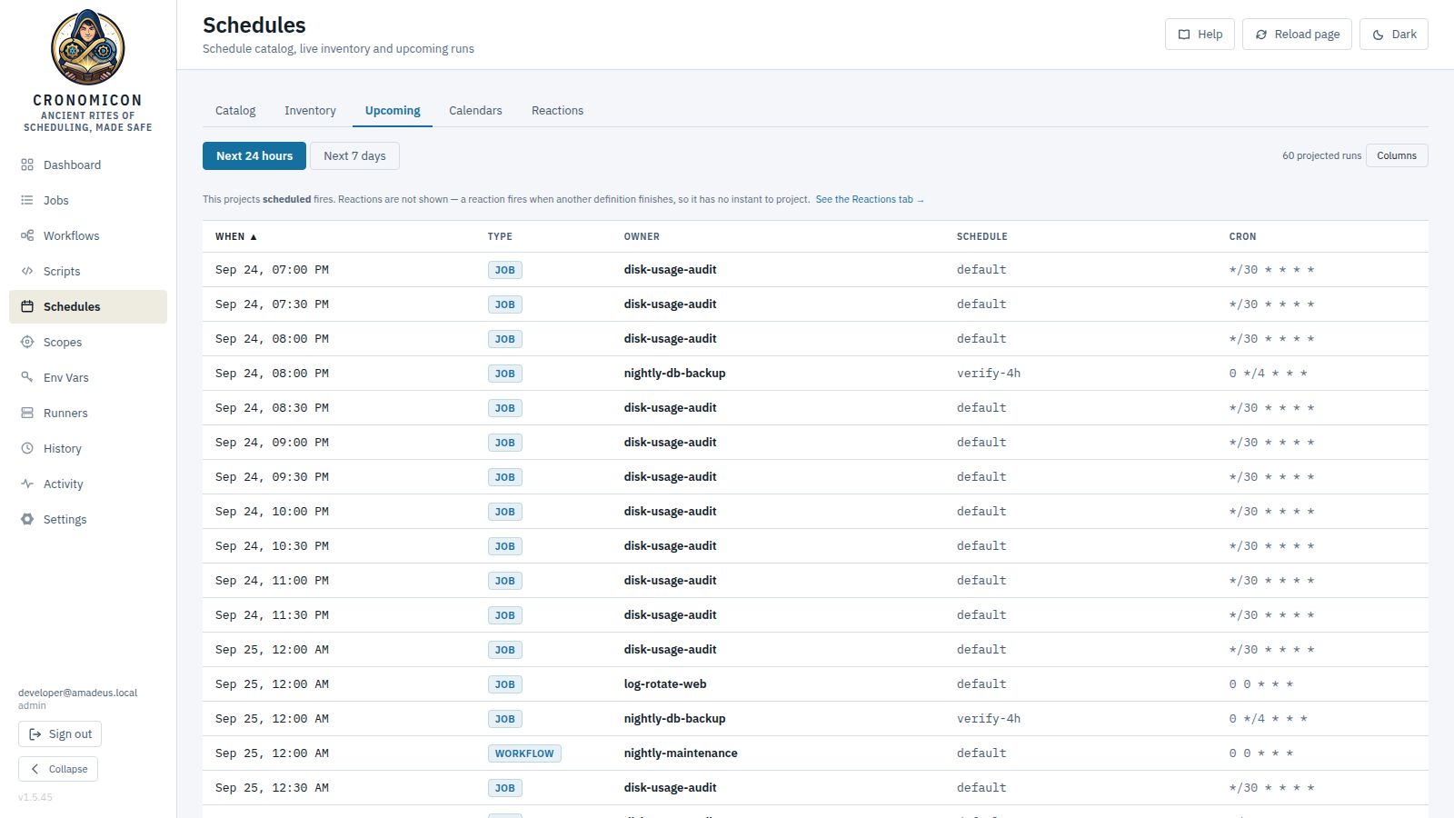 The Schedules view on the Catalog tab: two reusable schedule definitions with cron, source badge, Used-by count and per-row run projection, with the Inventory and Upcoming tabs alongside