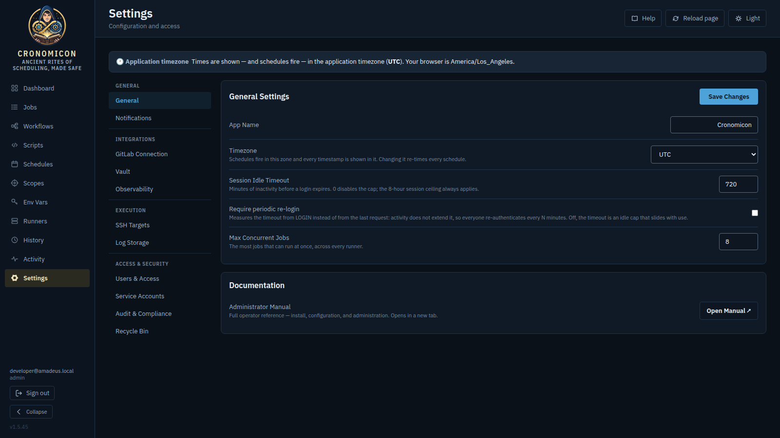 The Settings view on General: the left rail's nine sections in four groups, the application-timezone banner, the General Settings card with app name, timezone and max concurrent jobs, and the Documentation card