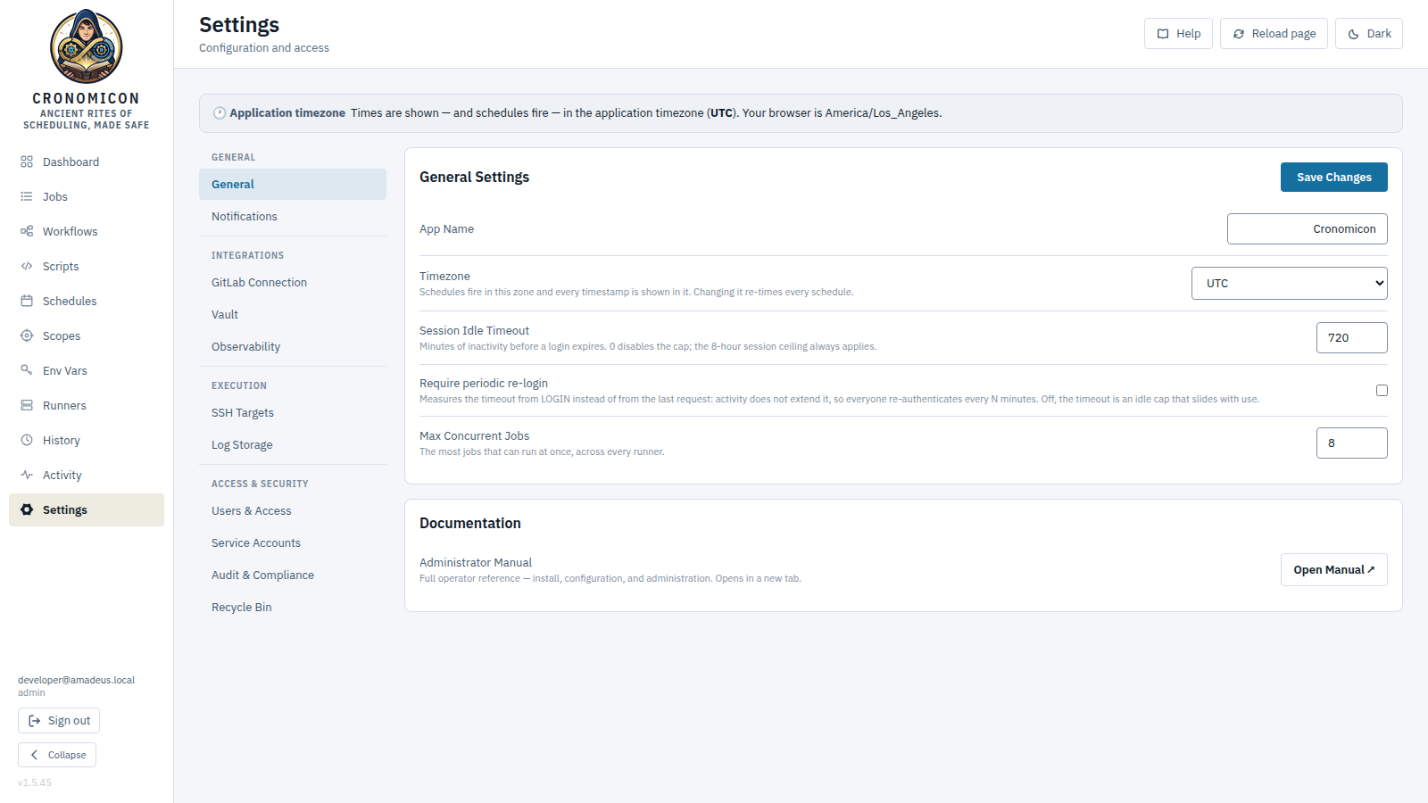 The Settings view on General: the left rail's nine sections in four groups, the application-timezone banner, the General Settings card with app name, timezone and max concurrent jobs, and the Documentation card