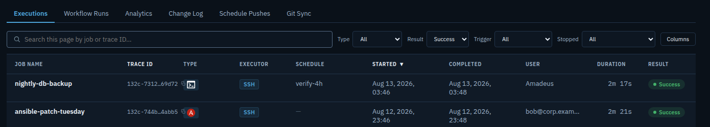 The History page: six tabs across the top, a search box, filters for type, result, trigger and stopped, a Columns button, and the executions table with job name, trace ID, type, executor, schedule, timings, user, duration and result