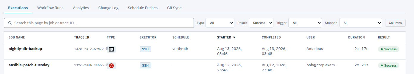 The History page: six tabs across the top, a search box, filters for type, result, trigger and stopped, a Columns button, and the executions table with job name, trace ID, type, executor, schedule, timings, user, duration and result