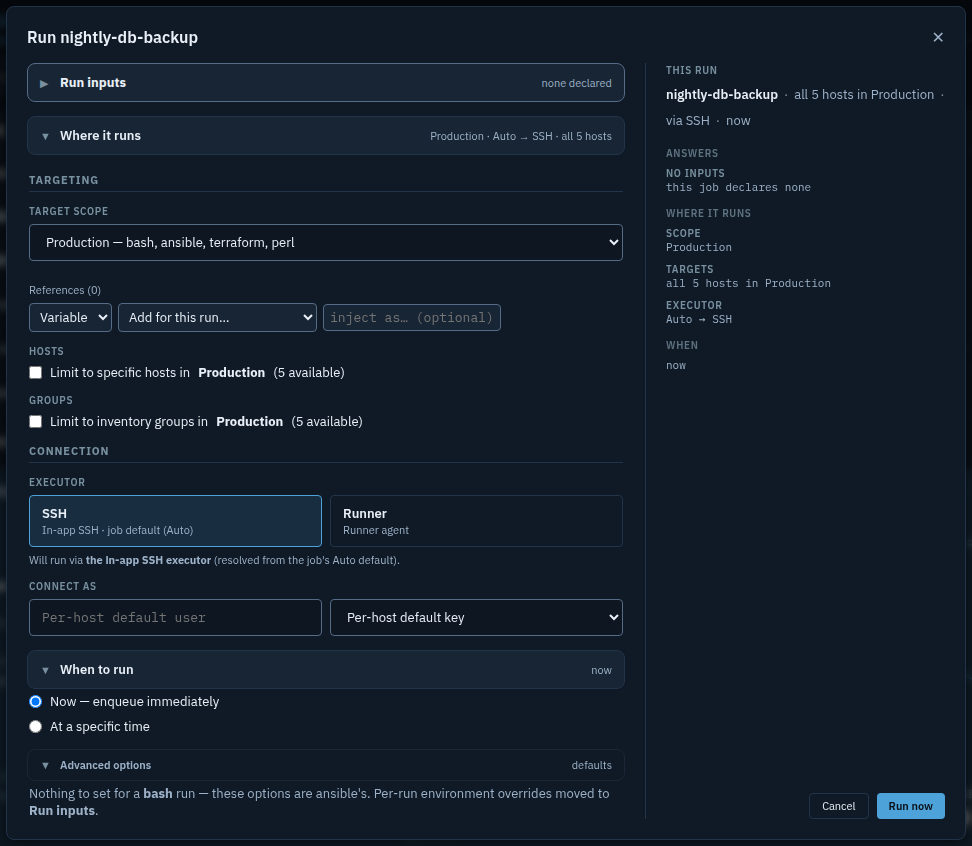 The Advanced options section expanded on a bash job, explaining that the options are Ansible-specific and that per-run environment overrides live under Run inputs