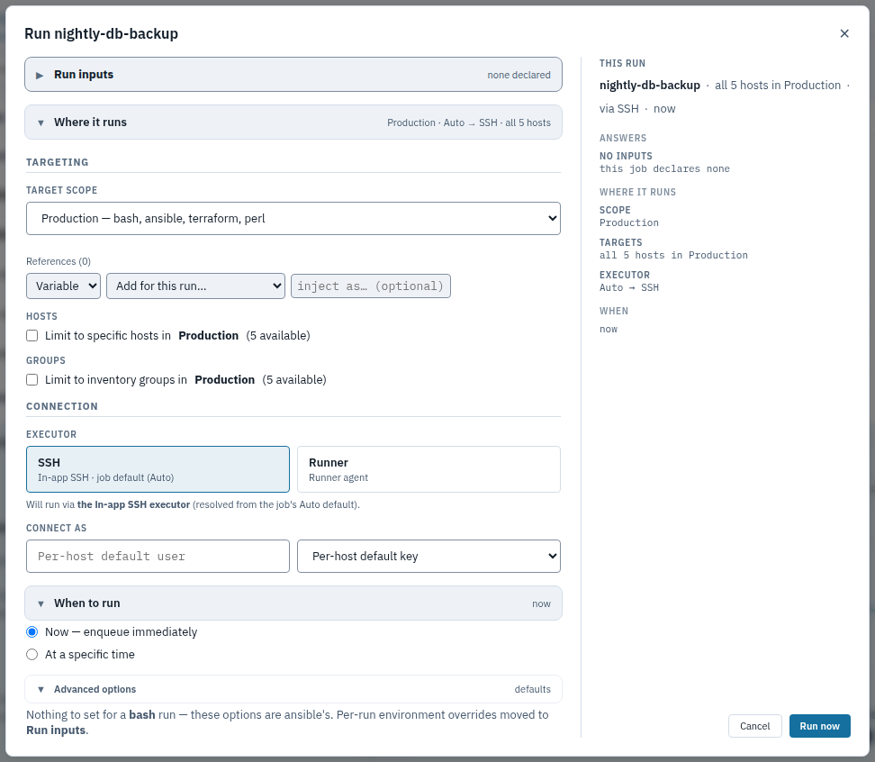 The Advanced options section expanded on a bash job, explaining that the options are Ansible-specific and that per-run environment overrides live under Run inputs
