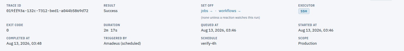 A run's expanded detail: trace ID, result, set-off links, executor, exit code, duration, queued, started and completed times, triggered by, schedule and scope