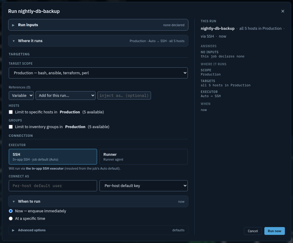 The When to run section expanded, offering Now — enqueue immediately — or At a specific time