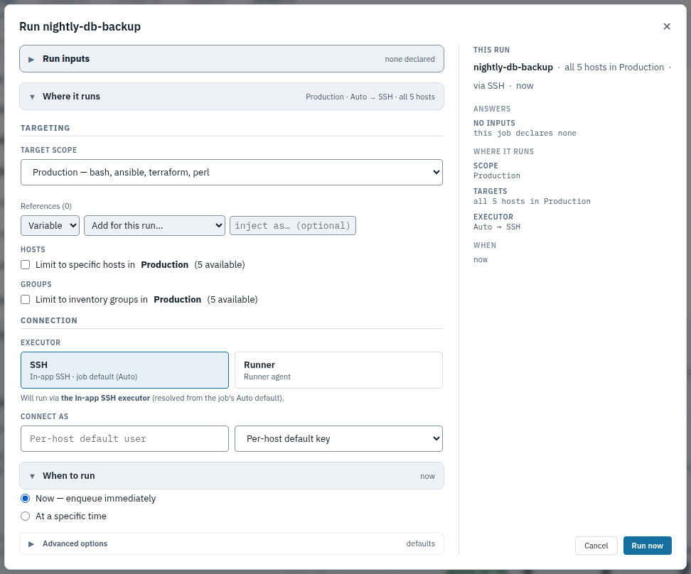 The When to run section expanded, offering Now — enqueue immediately — or At a specific time