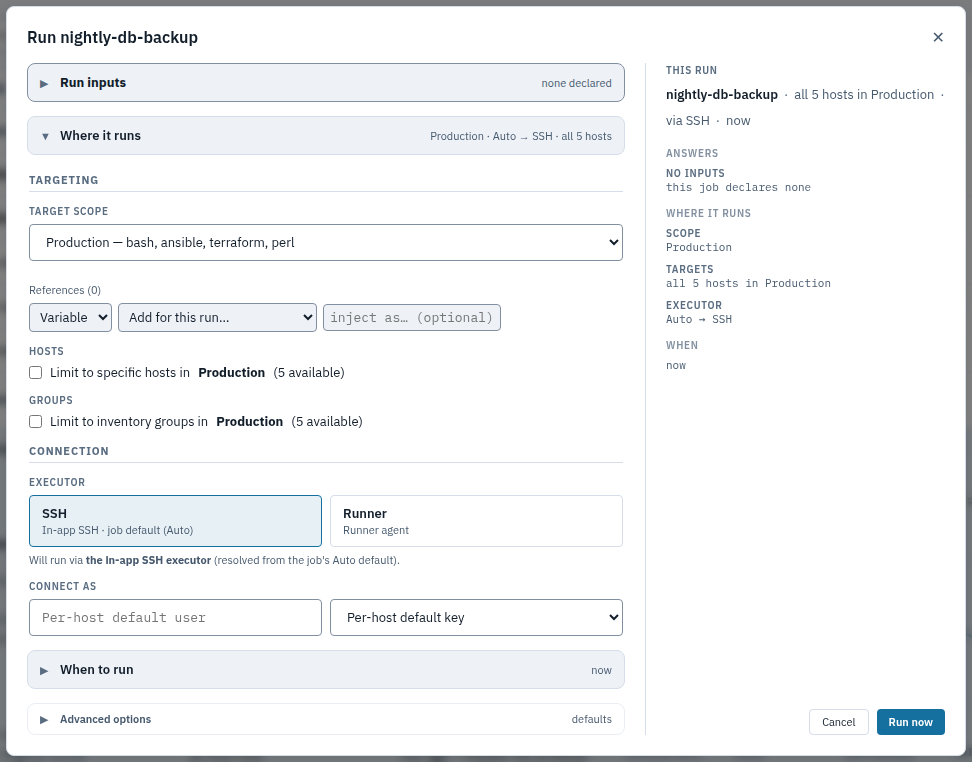 The Where it runs section expanded, showing target scope, references, host and group limiting, executor choice between SSH and Runner, and connect-as identity