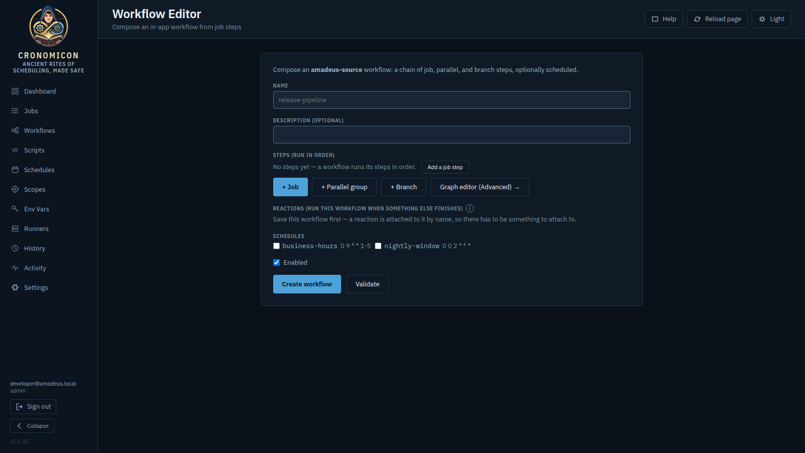 The Workflow Editor in Simple mode on a new workflow: name and description fields, the + Job / + Parallel group / + Branch step buttons, the Graph editor (Advanced) switch, schedule checkboxes and the Create workflow button