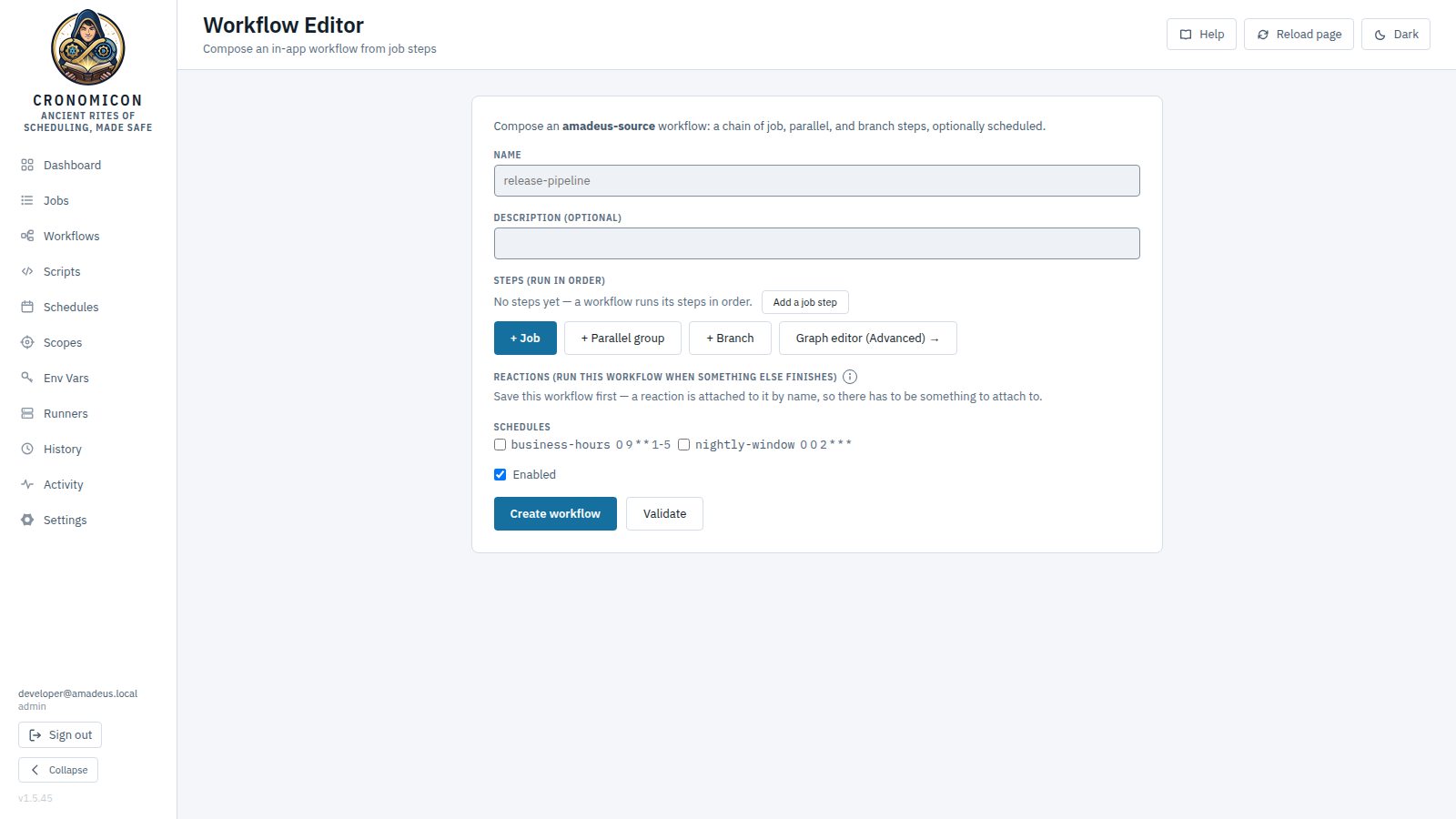 The Workflow Editor in Simple mode on a new workflow: name and description fields, the + Job / + Parallel group / + Branch step buttons, the Graph editor (Advanced) switch, schedule checkboxes and the Create workflow button