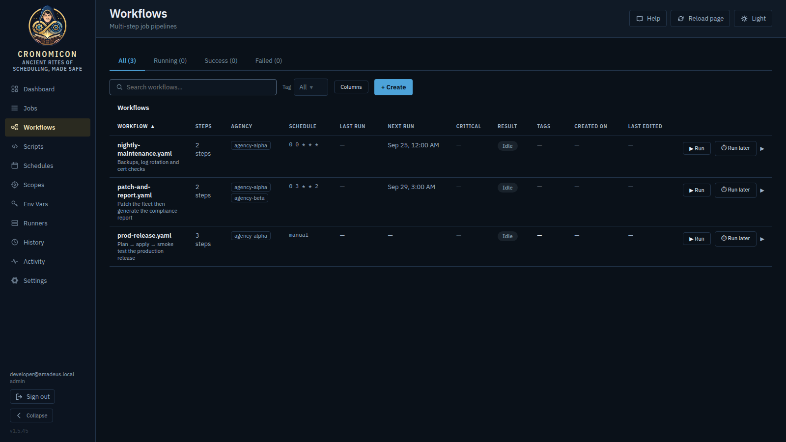 The Workflows view: status tabs, the workflow table with steps, schedule, last and next run and result columns, and the Recent Workflow Runs table with trace IDs beneath it