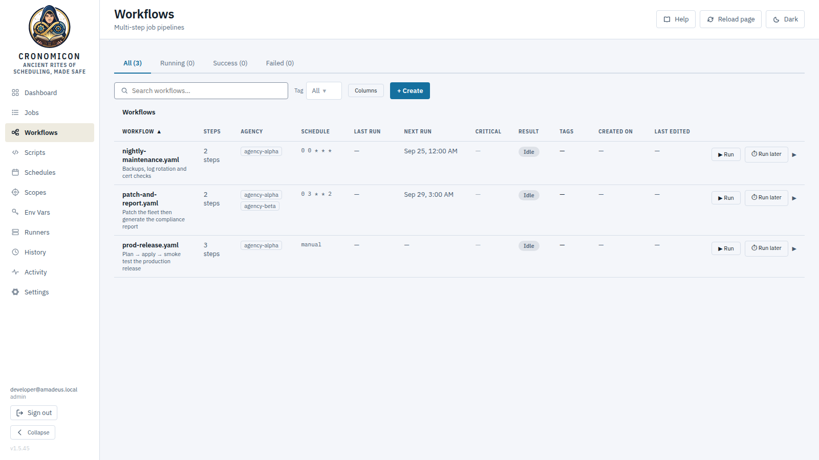 The Workflows view: status tabs, the workflow table with steps, schedule, last and next run and result columns, and the Recent Workflow Runs table with trace IDs beneath it